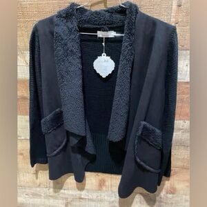 New With Tags Simply Couture Black Fur Trimmed Open Sweater Cardigan Size Small